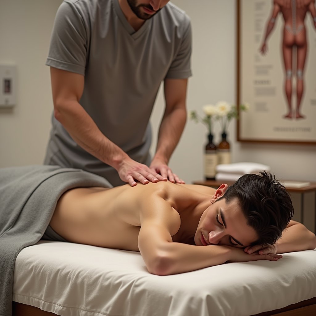 Therapist practicing massage techniques.