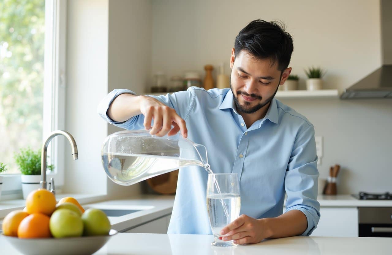 Man pouring water in a glass standing in the kitchen of our inpatient facility