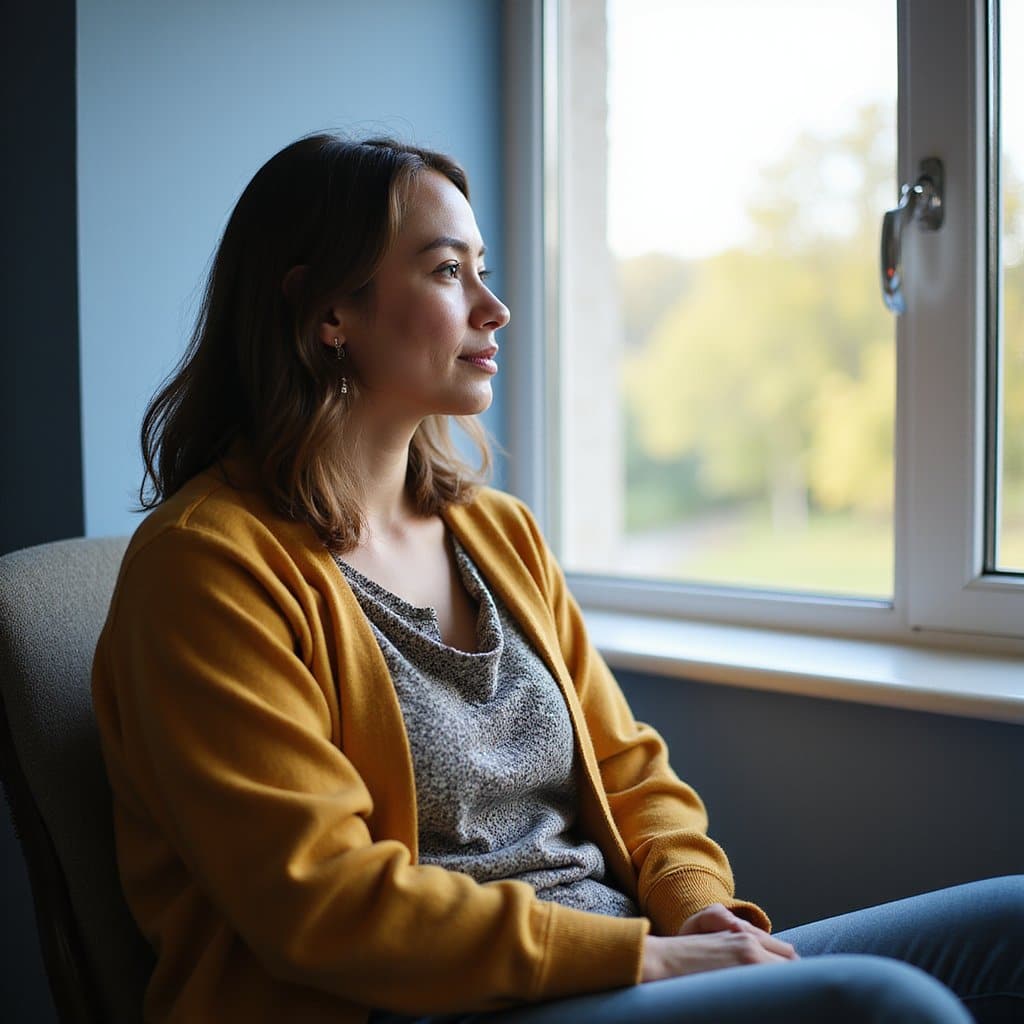 Serene indoor scene with woman looking out a sunlit window, feeling grounded