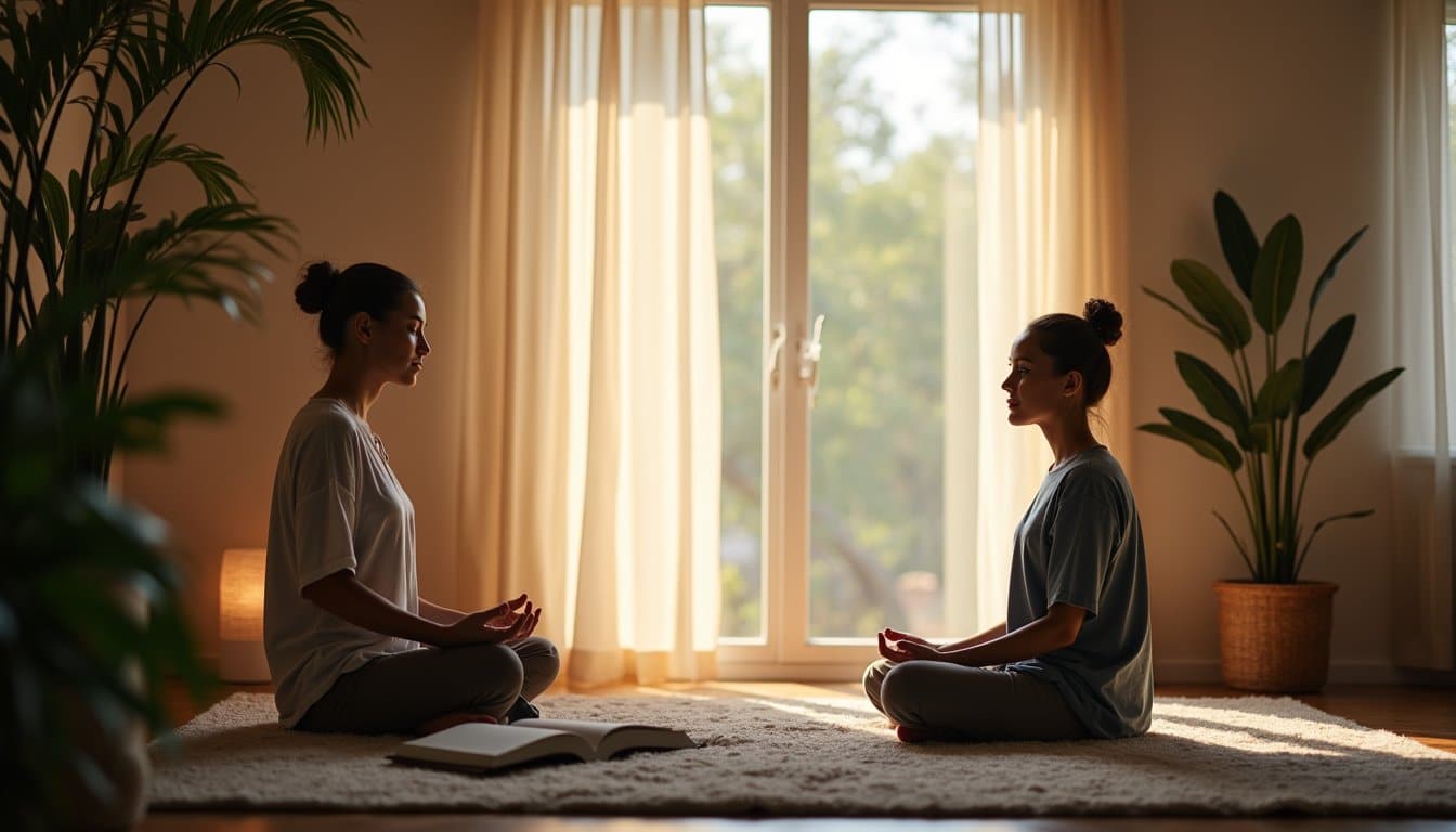 two women sitting in a yoga in a sunlit room
