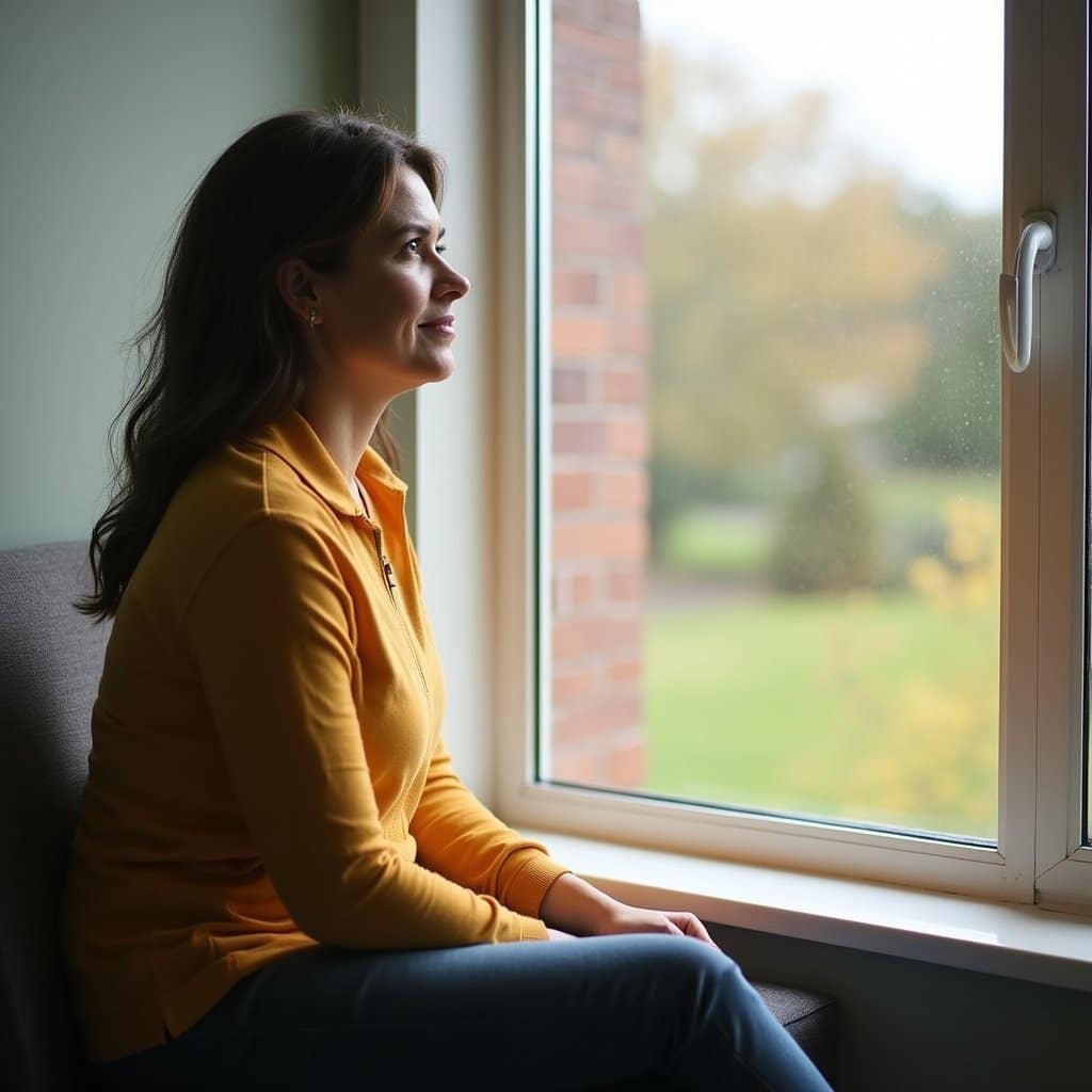Woman seated by a bright window, reflecting quietly in a supportive environment