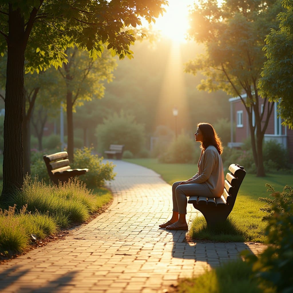 Woman sitting in a park to relax in our inpatient facility