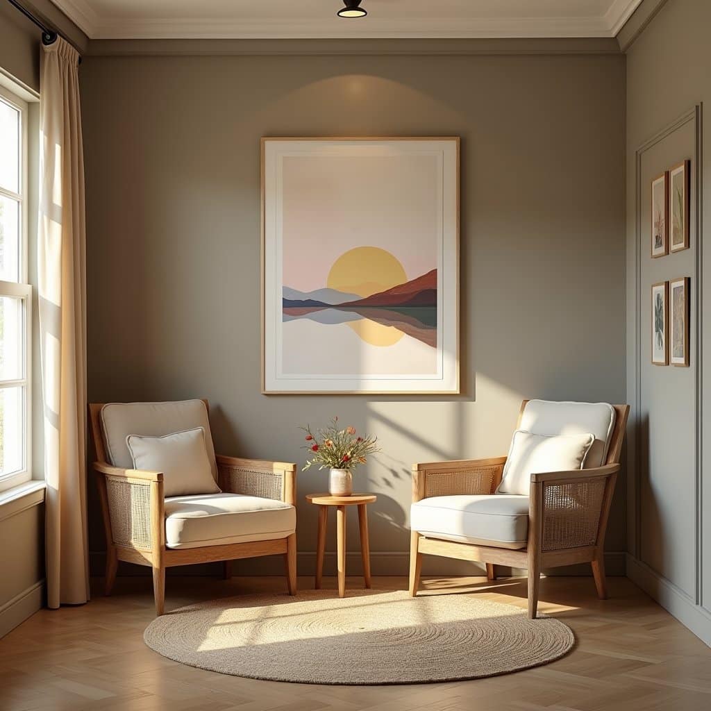 A sitting room for two with two single sofas in calm room in our inpatient facility