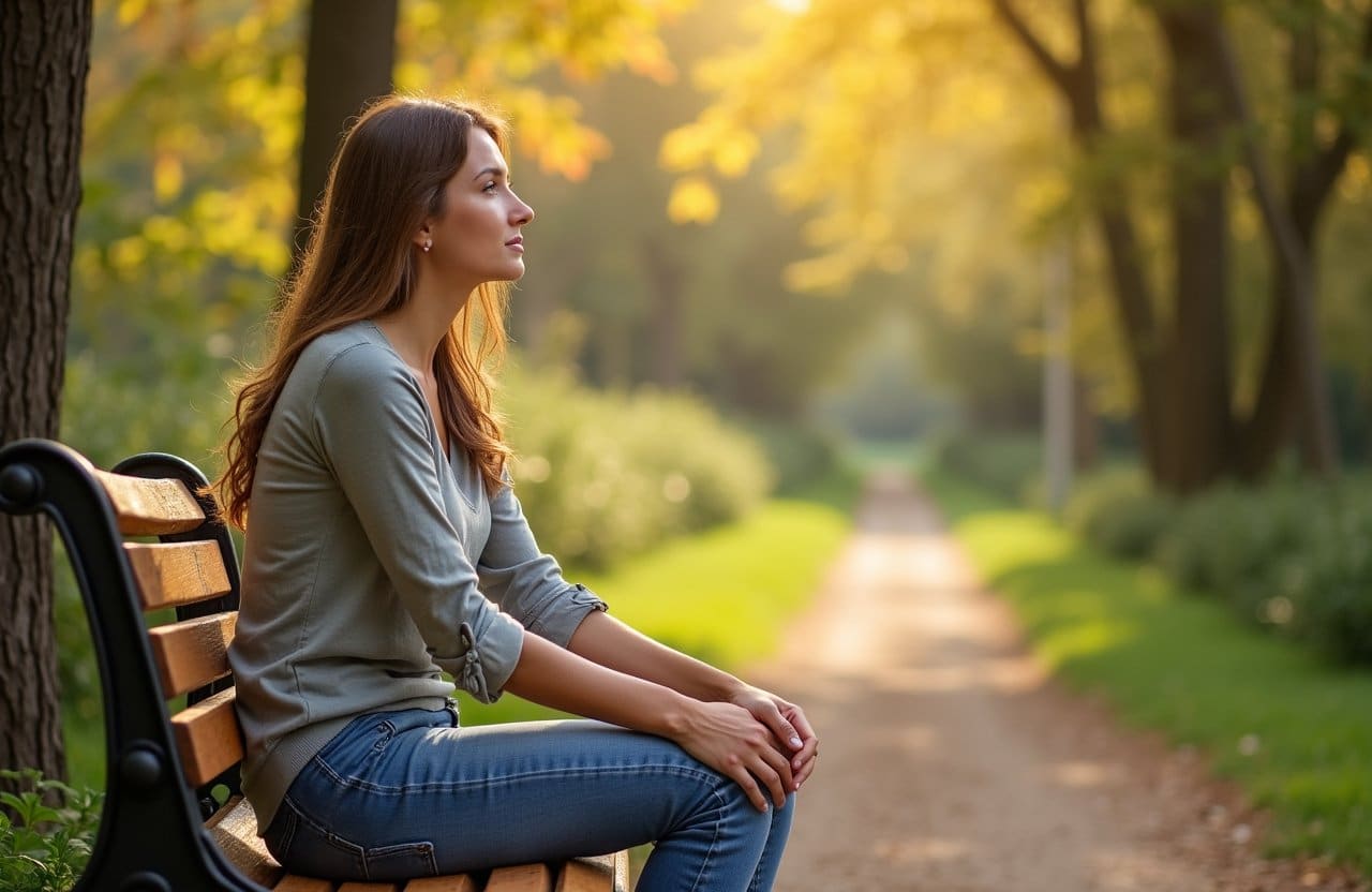 Woman sitting in a park feeling at peace