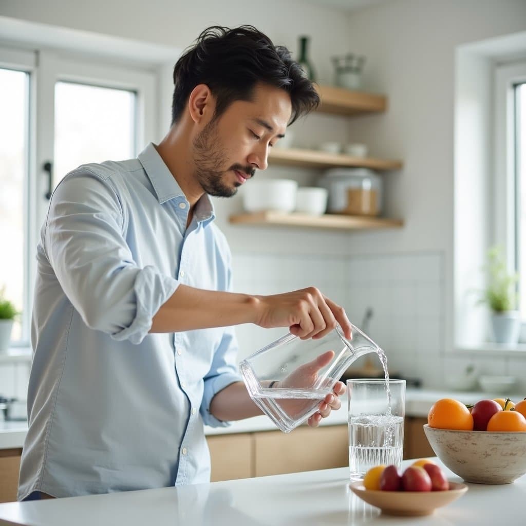 Man pouring water from a jug standing in the kitchen in our inpatient facility