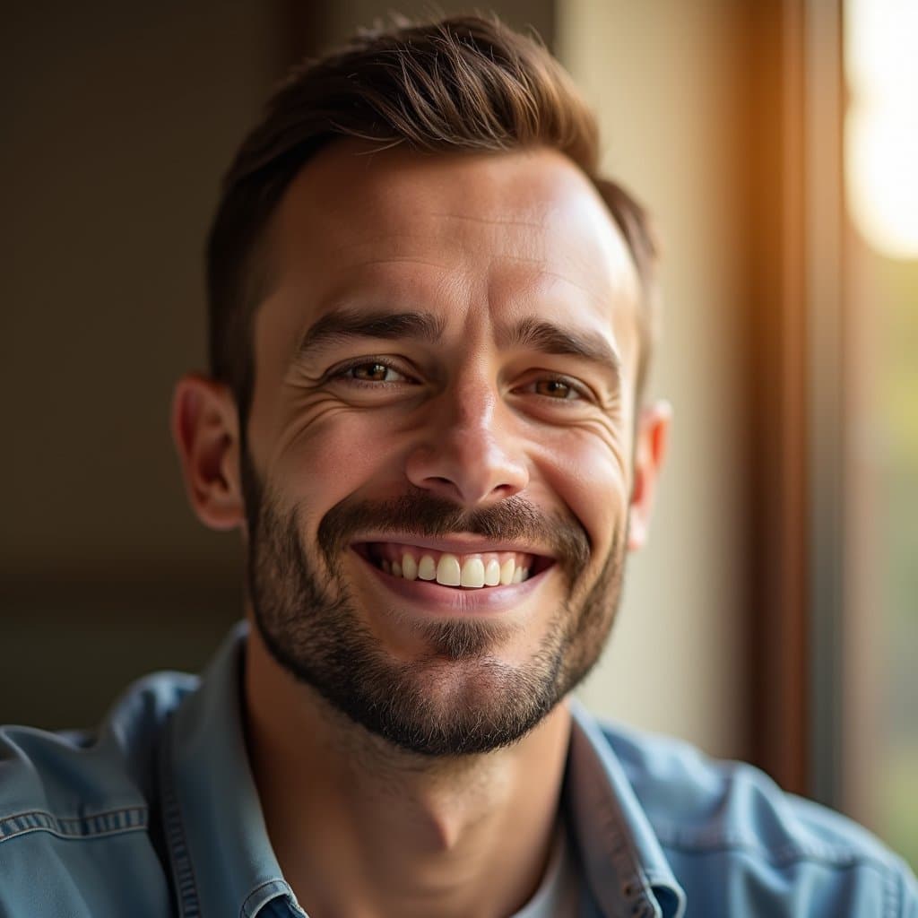 Man smiling looking hopeful with his wide smile