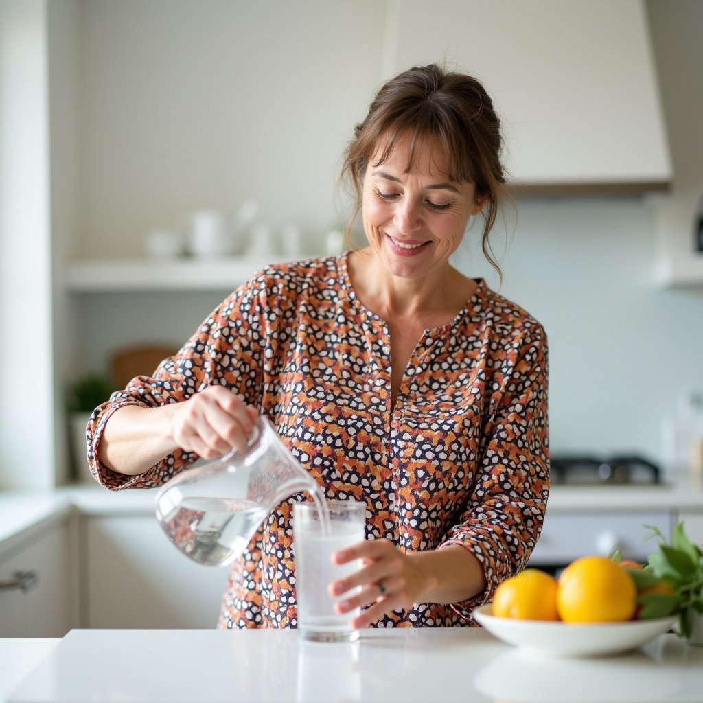 Woman pouring water into the glass smiling and standing in the kitchen of our inpatient facility for Individual Therapy in Bronx County