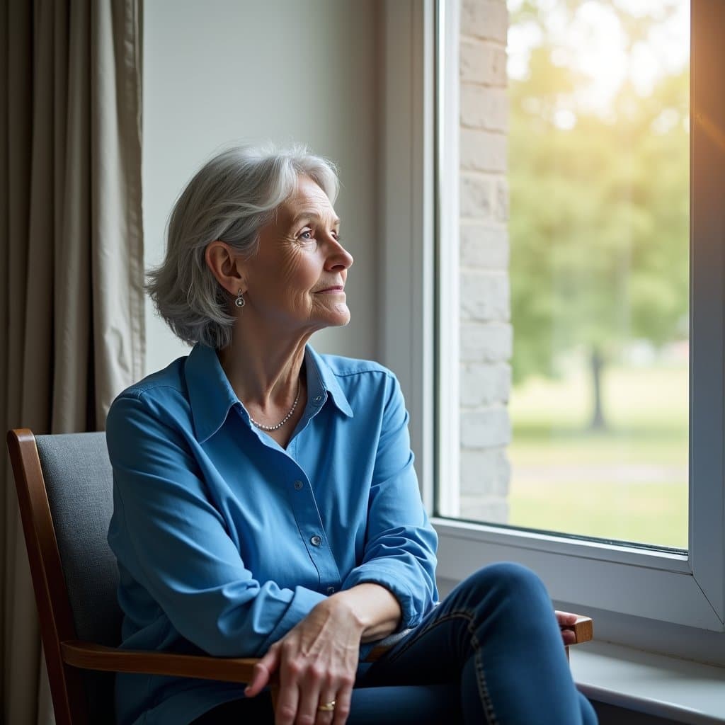 Old woman looking outside the window in our inpatient facility