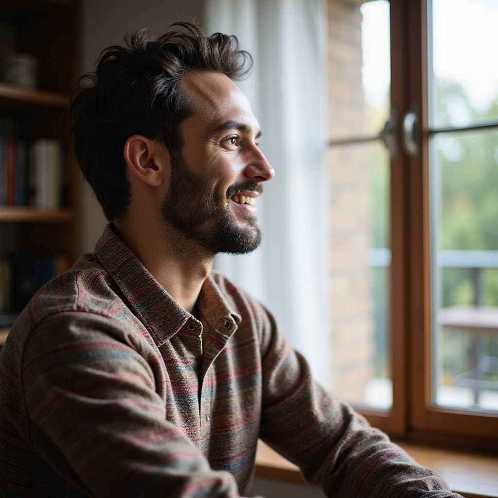Man smiling outside the window in our inpatient facility