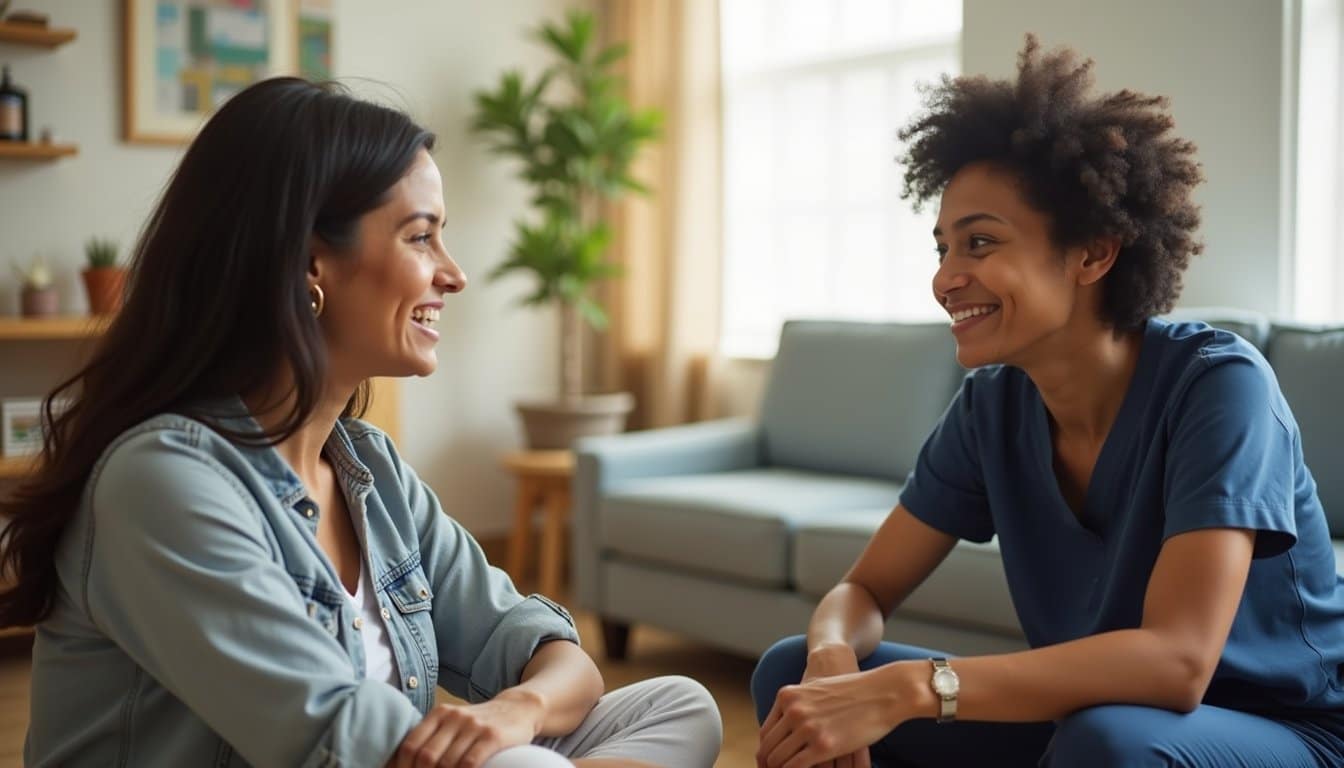Calm staff-patient interaction inside a residential inpatient treatment facility.