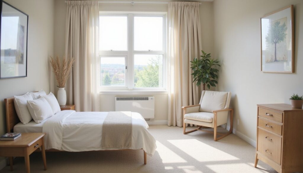 Bedroom inside a residential inpatient treatment center with natural sunlight and minimal decor.
