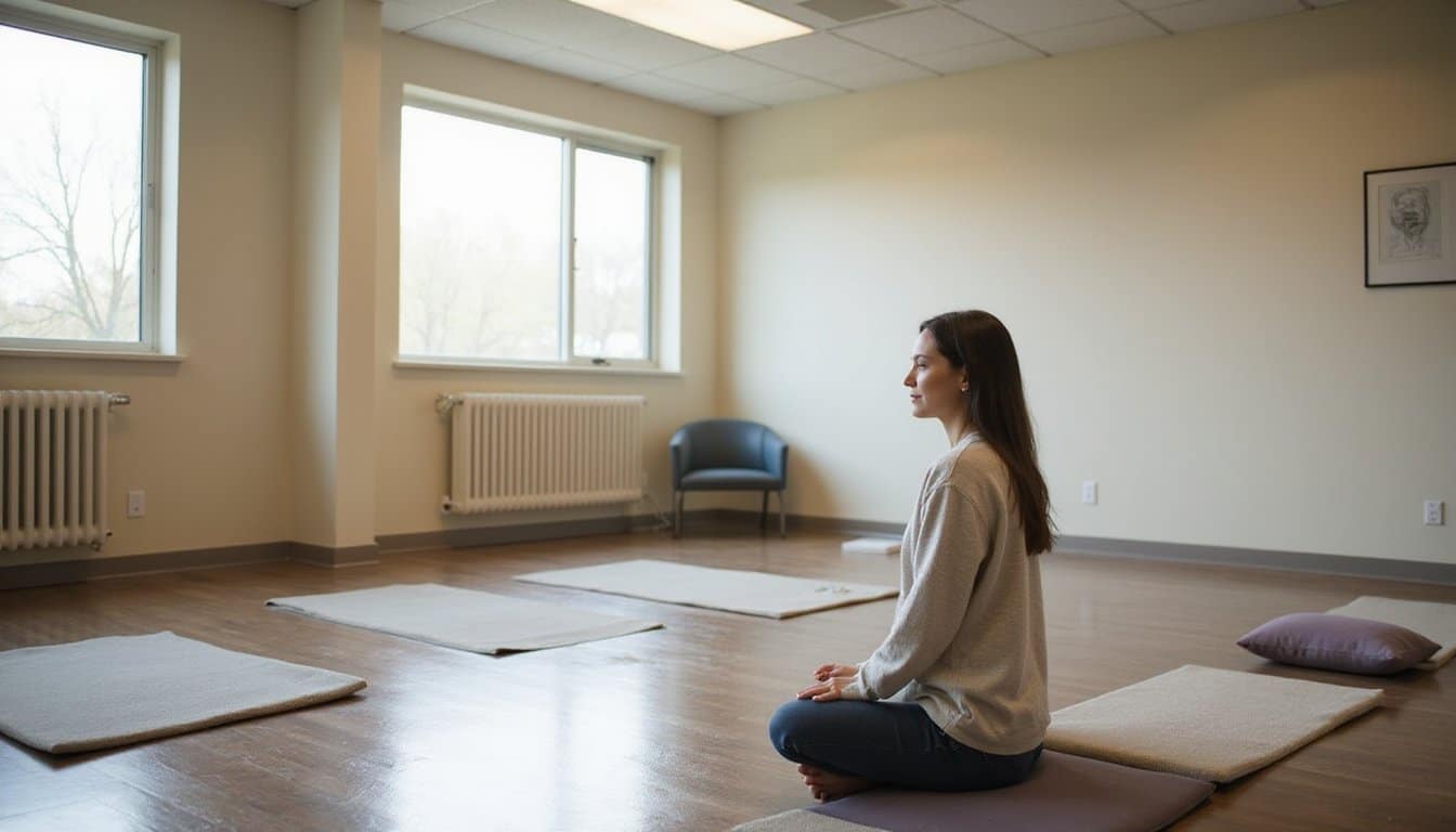 Calm mindfulness room in an inpatient treatment center with a seated person in reflection.
