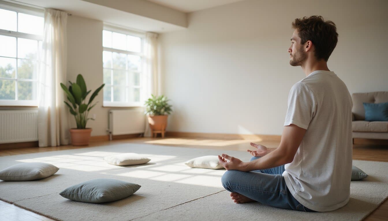 Residential inpatient treatment mindfulness space with soft seating and calming neutral tones.