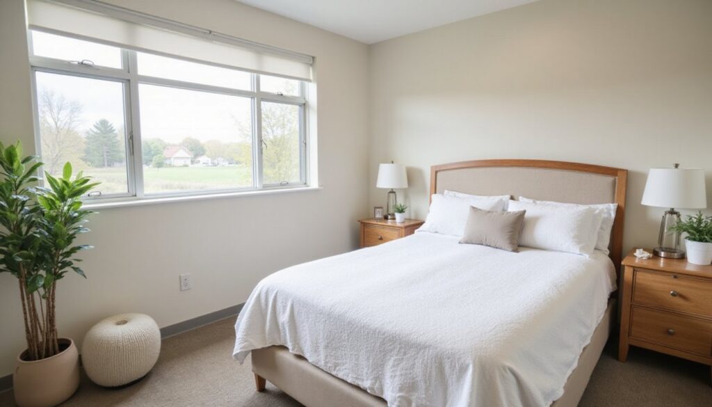 Residential inpatient treatment bedroom featuring a clean bed, soft colors, and sunlight.