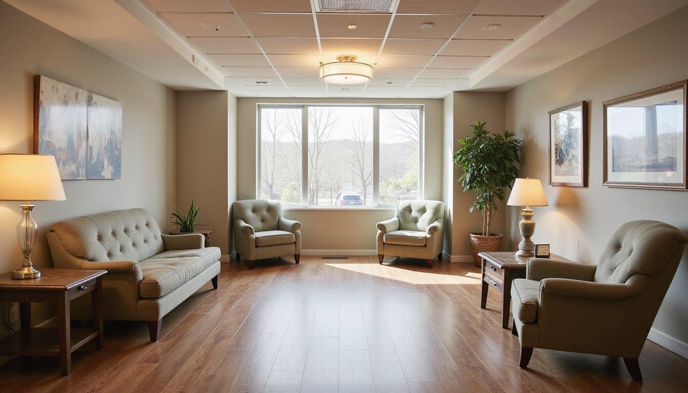 Warm residential inpatient mental health lounge with comfortable seating, soft lighting, and neutral colors.
