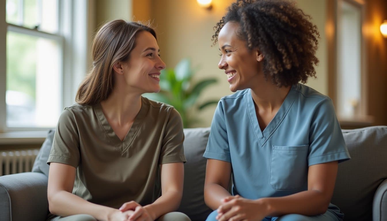 Staff and patient seated together in a residential inpatient treatment center.