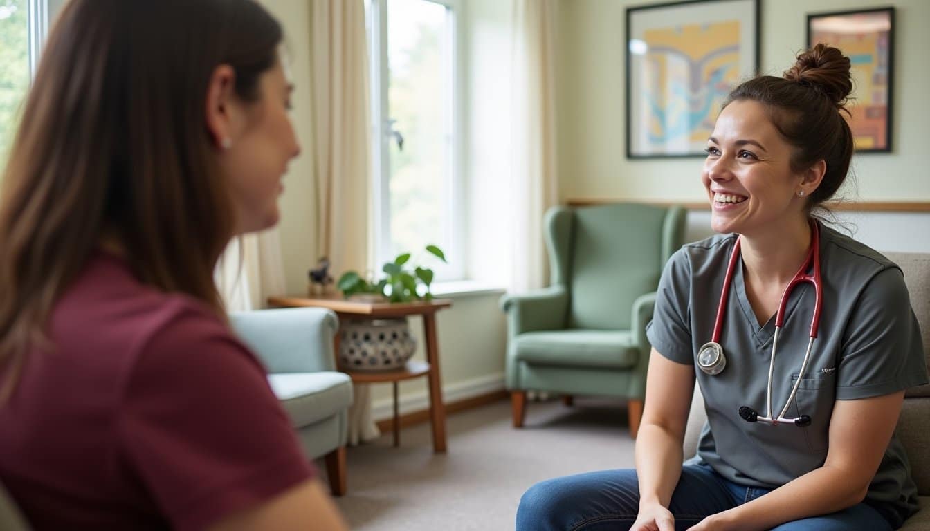 Staff member speaking with a patient in a residential inpatient treatment center common area.