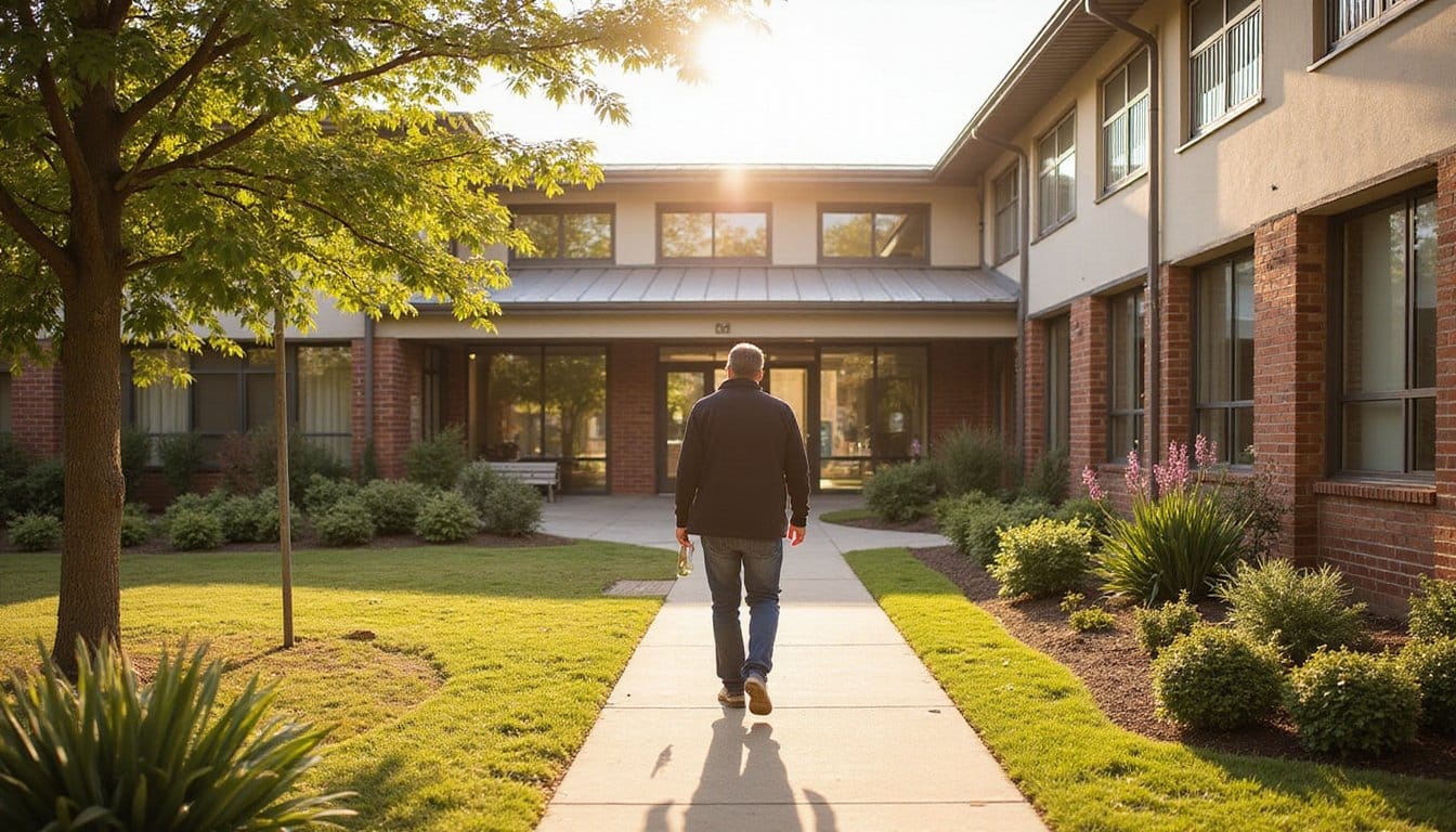 Modern residential inpatient treatment center with landscaped greenery and large windows, viewed in warm afternoon light.