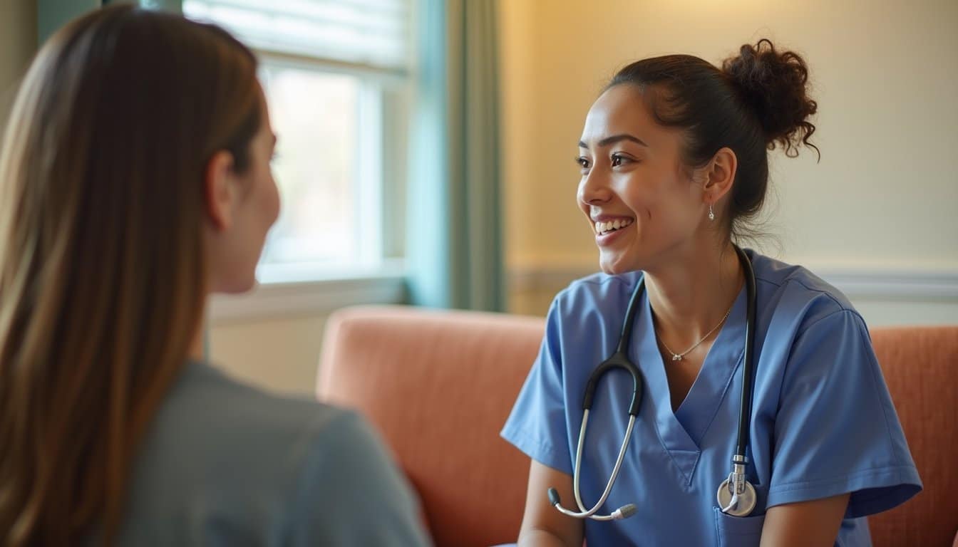 Residential inpatient facility showing a staff member talking calmly with a patient.