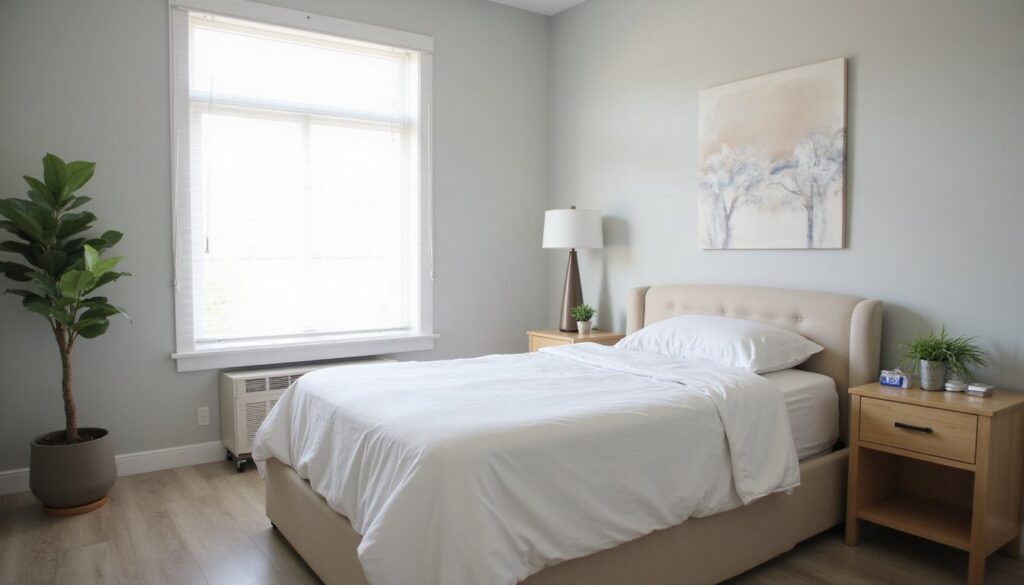 Inpatient treatment center bedroom with a neatly made bed and neutral tones.
