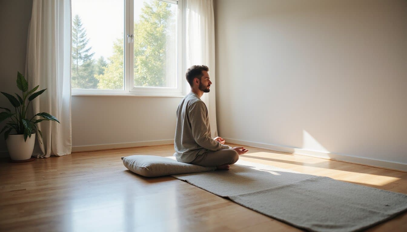 Quiet residential inpatient mindfulness room with floor seating and natural sunlight.