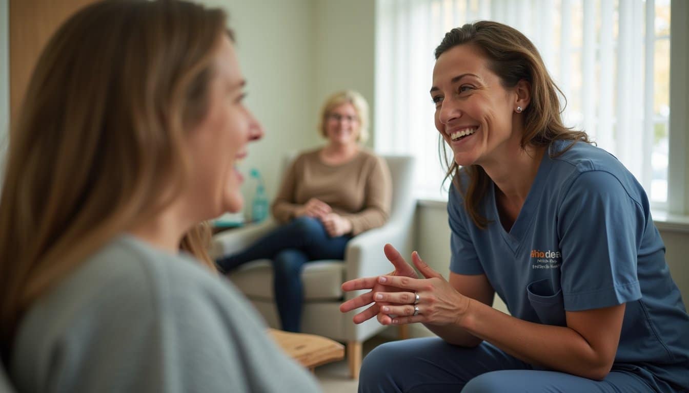 Residential inpatient treatment center showing staff and patient in calm conversation.