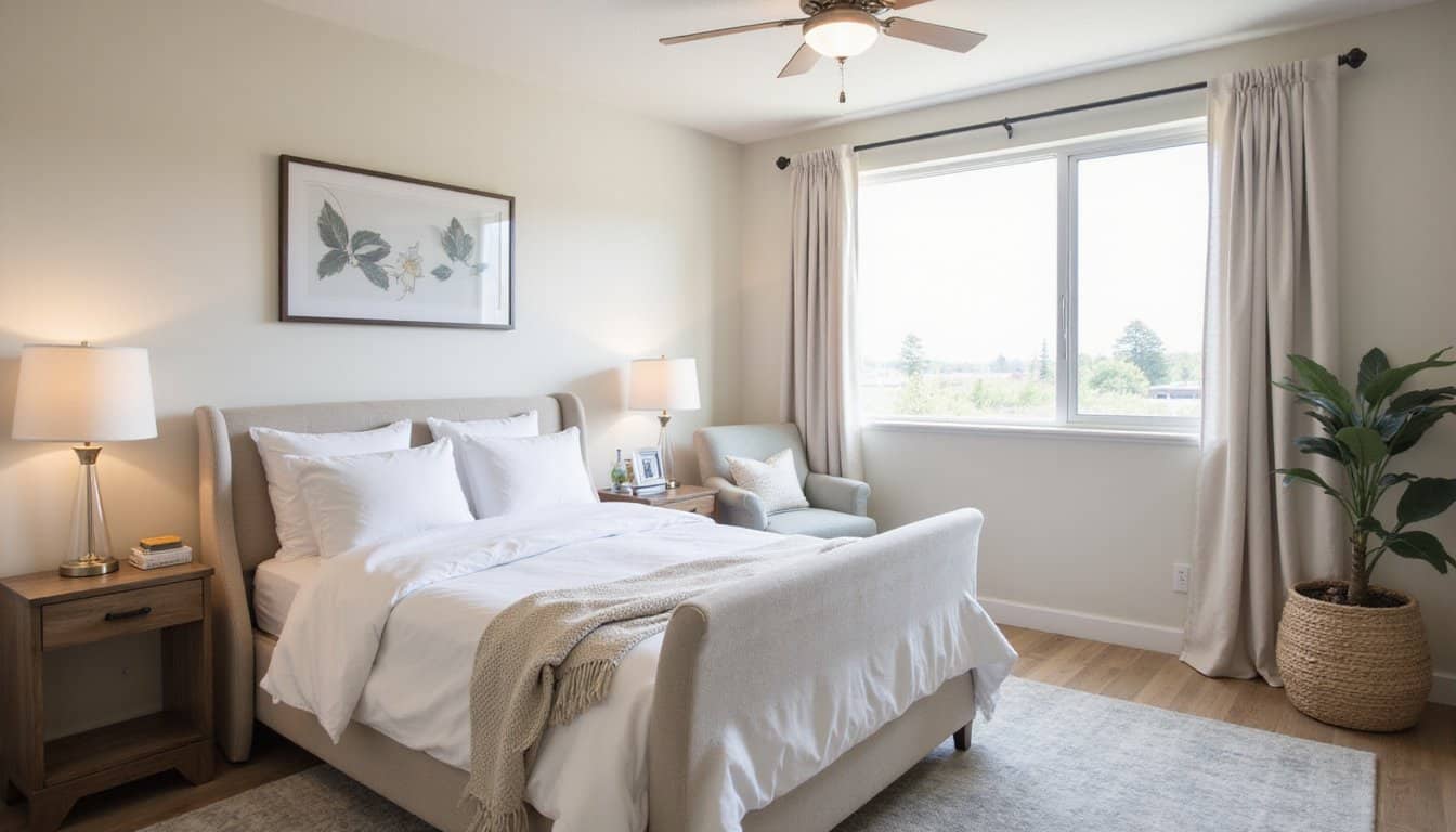 Serene residential inpatient mental health bedroom with soft natural light, neutral colors, and minimalist decor.