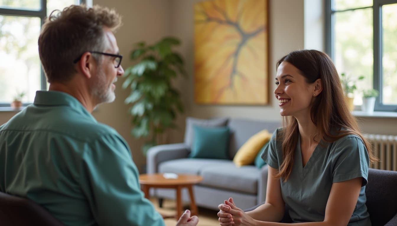 Staff and patient interacting in a comfortable common area of an inpatient treatment center.