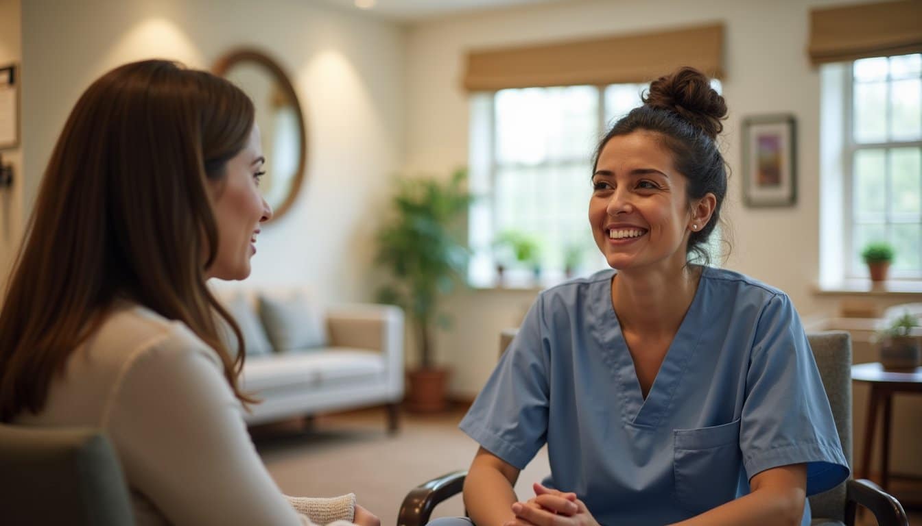 Supportive staff-patient conversation in a residential treatment center common space.