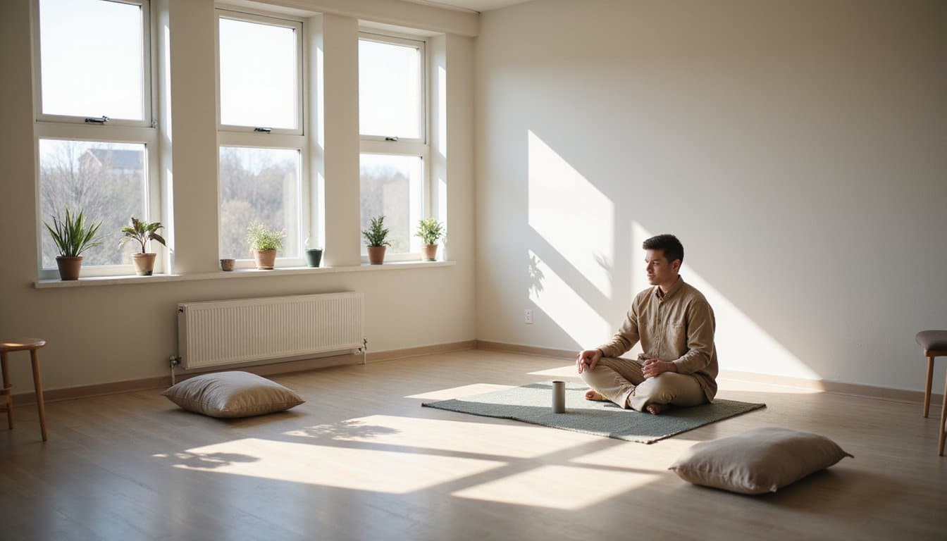 A quiet inpatient treatment mindfulness space with neutral colors and a seated adult.