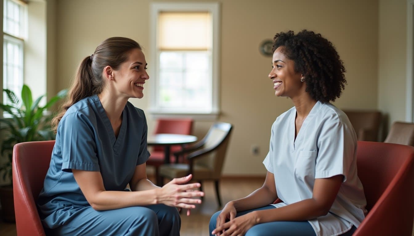 Professional interaction between staff and patient in an inpatient treatment center.