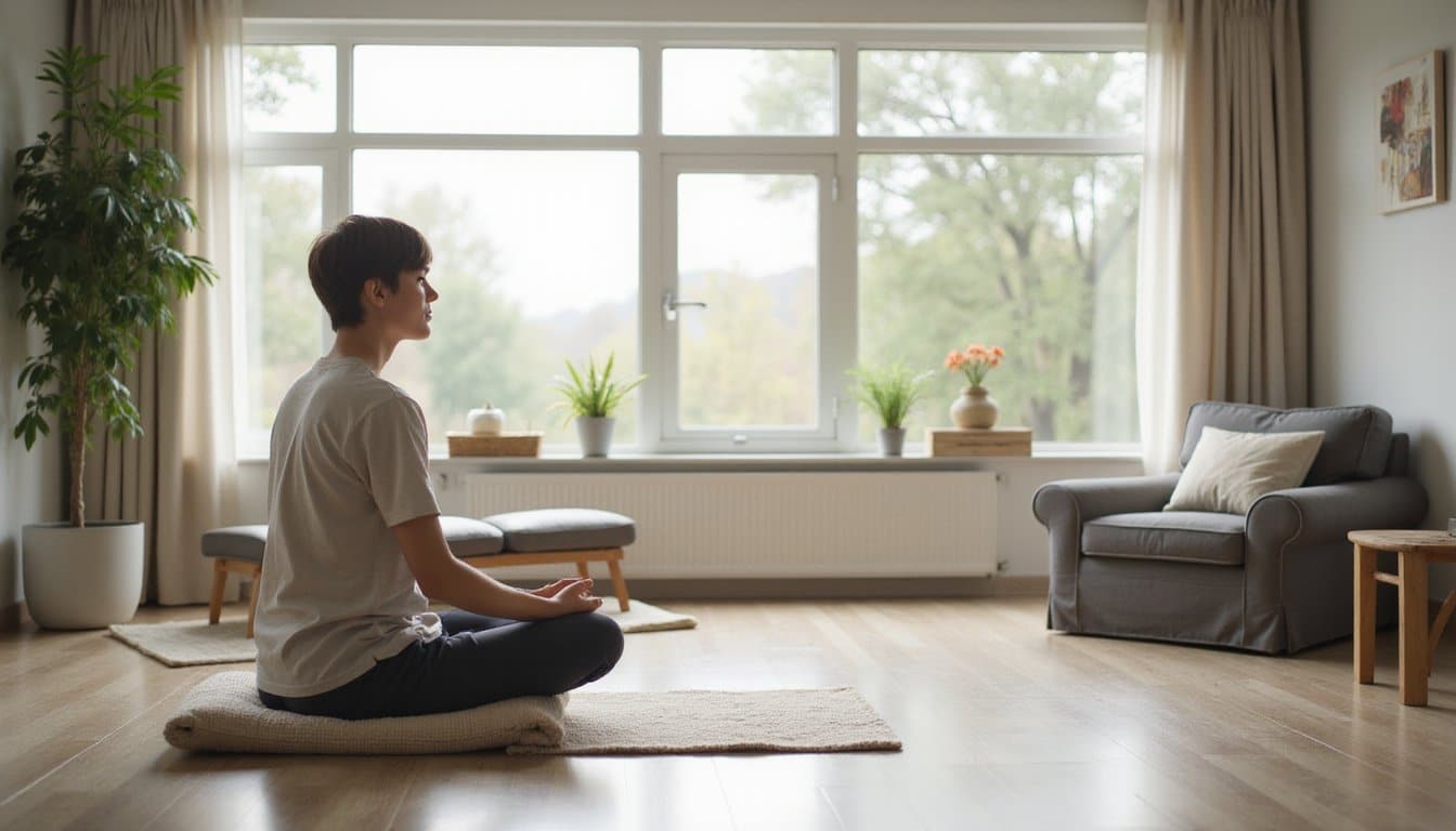 Inpatient treatment center mindfulness room with neutral colors and tranquil lighting.