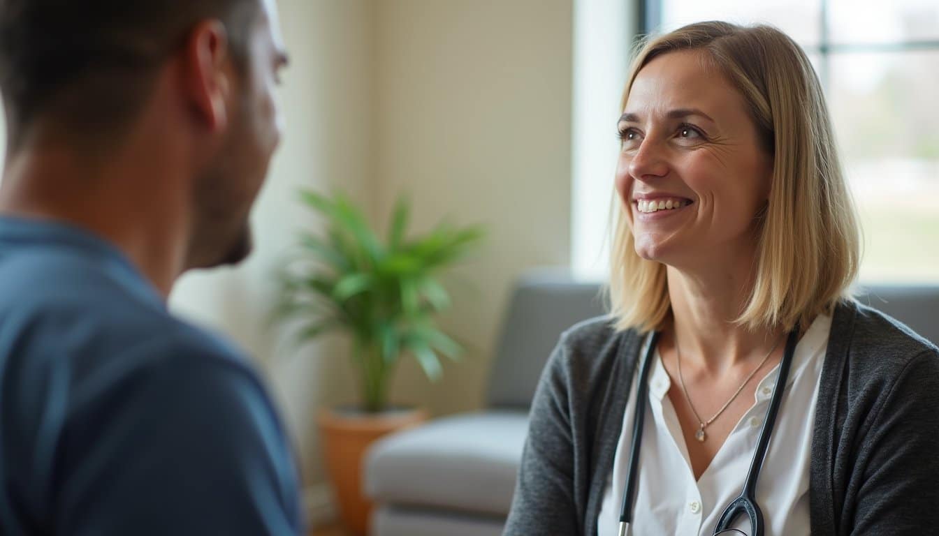 Residential inpatient treatment center common area with staff speaking to a patient.