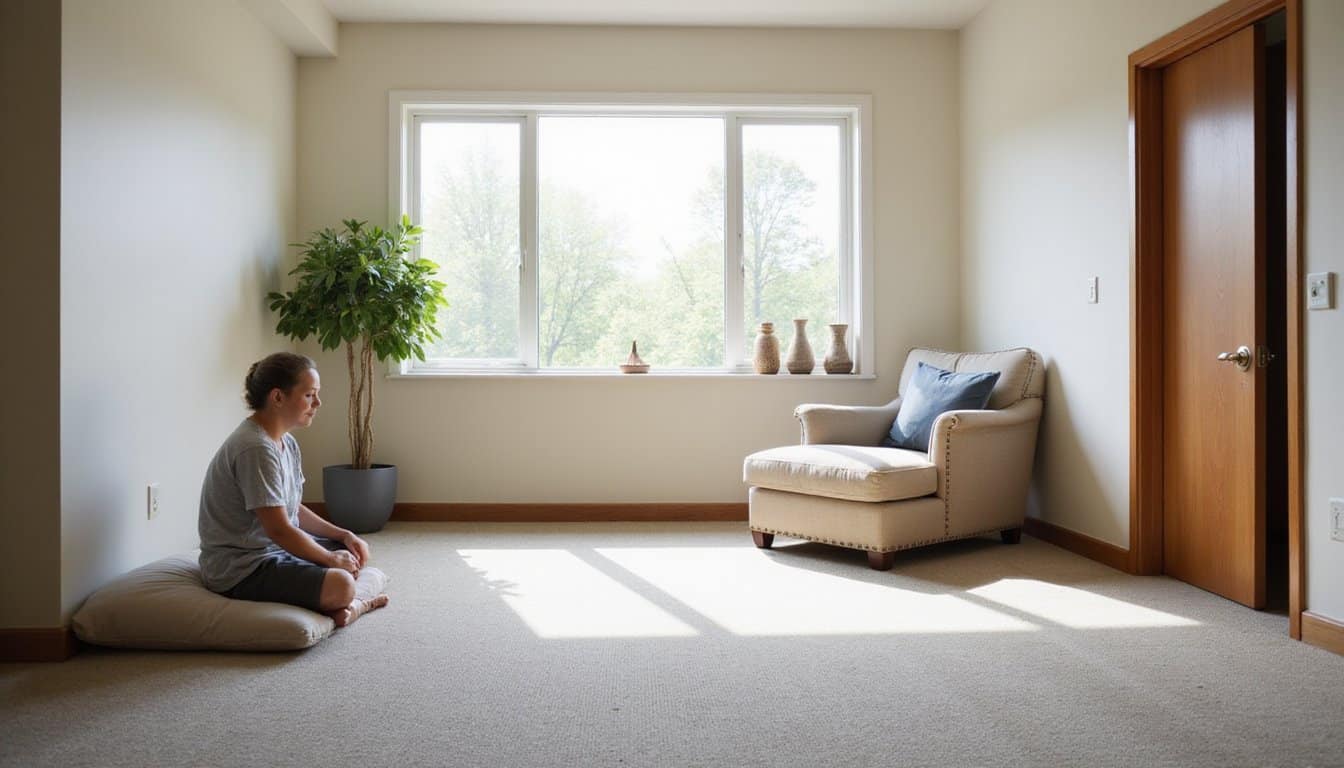 A person seated in quiet reflection inside a residential inpatient mindfulness room.