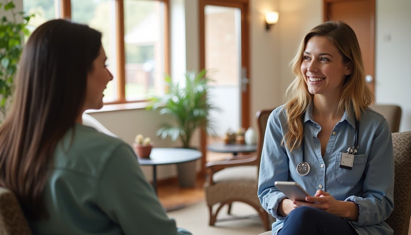 Staff member speaking with a patient in a residential inpatient treatment center common area.