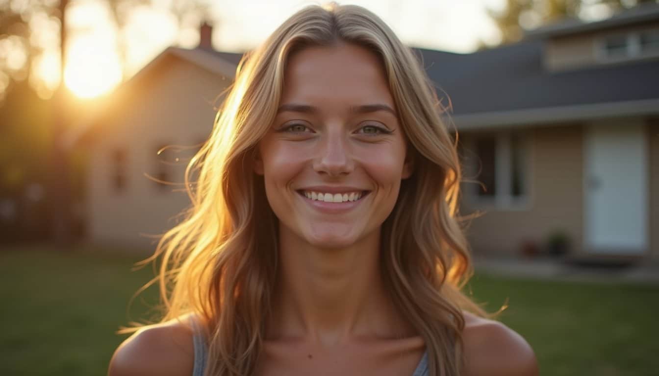 Young person in a residential setting with golden light and a relaxed facial expression