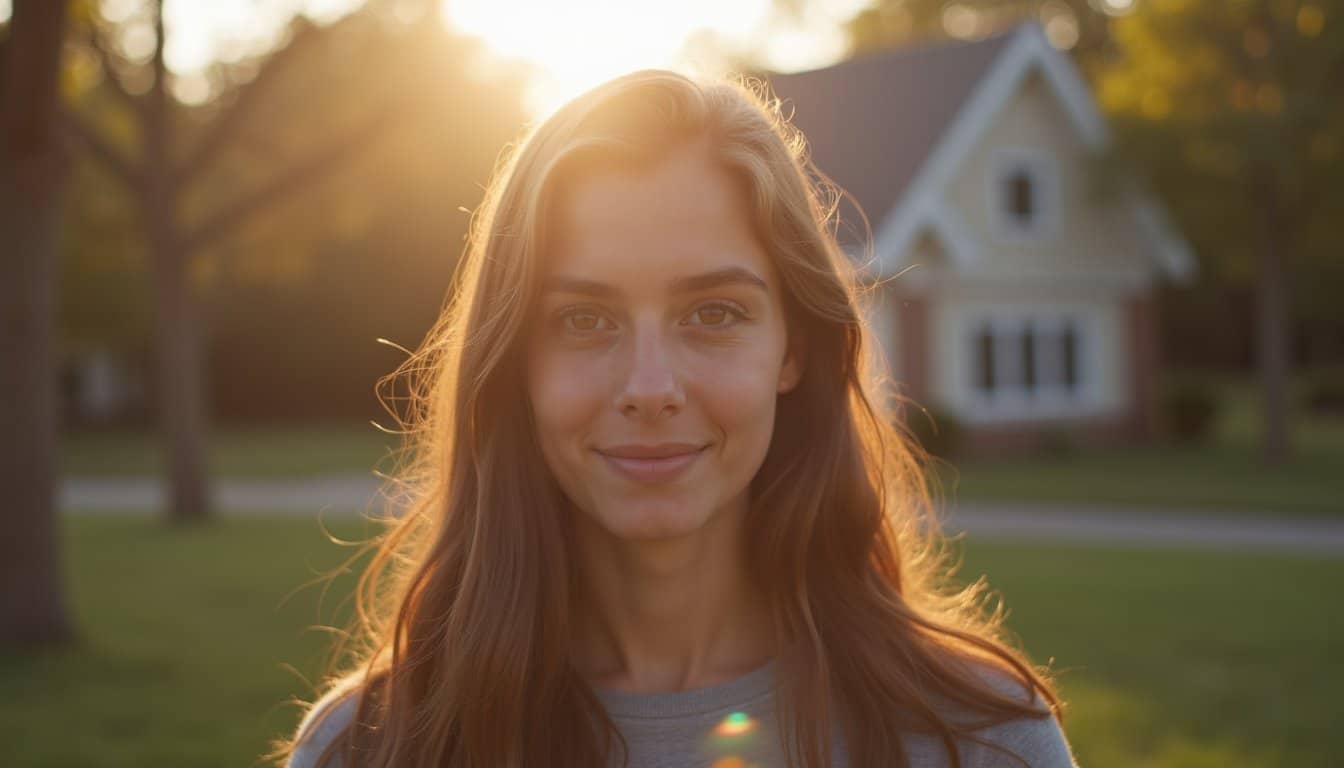 Person standing in front of homes with soft sunlight creating a warm and inviting scene