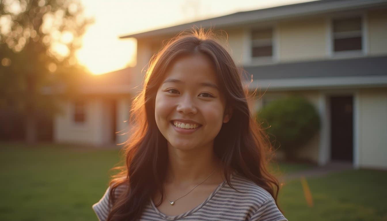 Person standing outside in warm evening light with a peaceful and composed demeanor