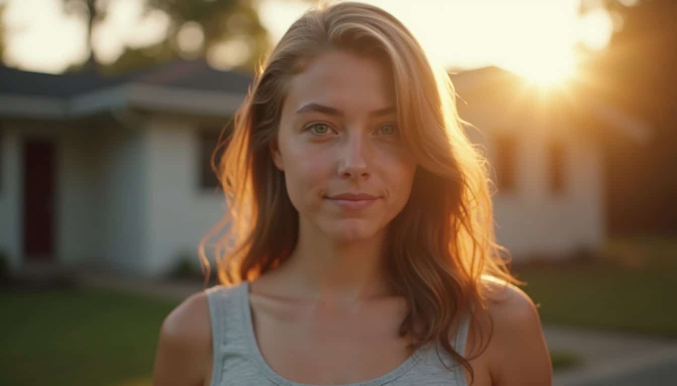 Close-up of a person with a relaxed expression in natural sunlight in a suburban environment