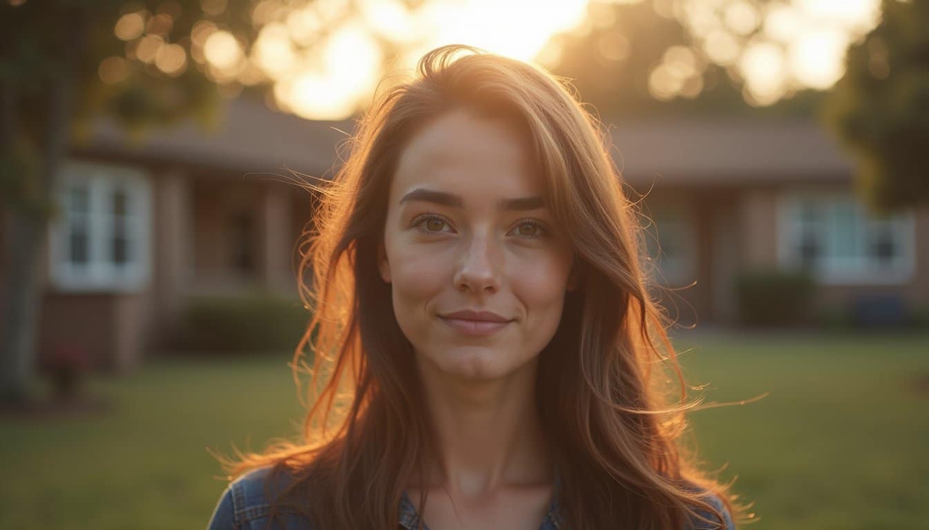 Person standing outside with a soft smile and warm sunlight in a calm neighborhood setting