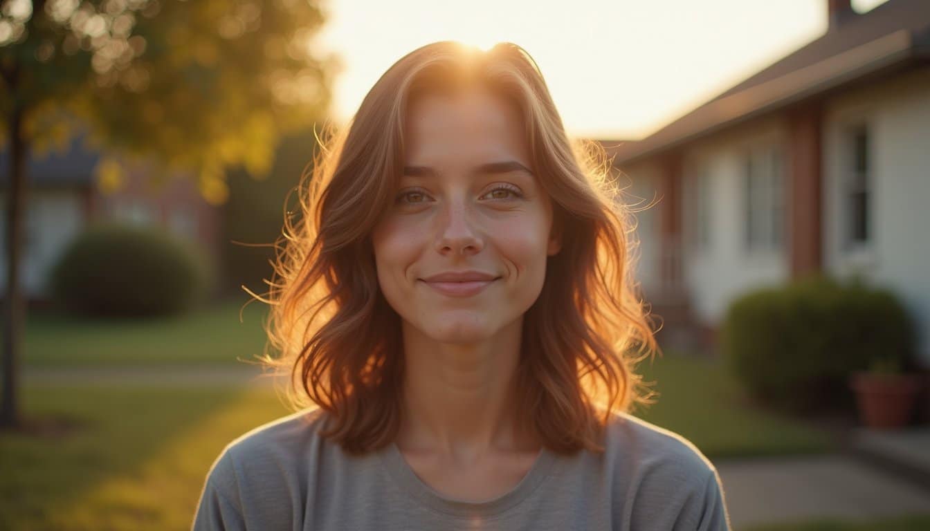 Close-up of a young person smiling gently with warm sunlight behind them in a quiet residential area