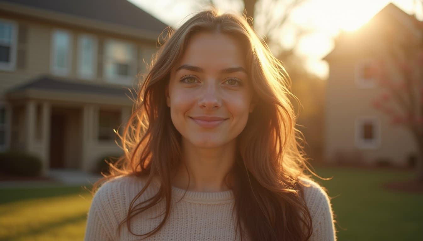 Close-up of a person with natural lighting and a calm expression in a quiet neighborhood