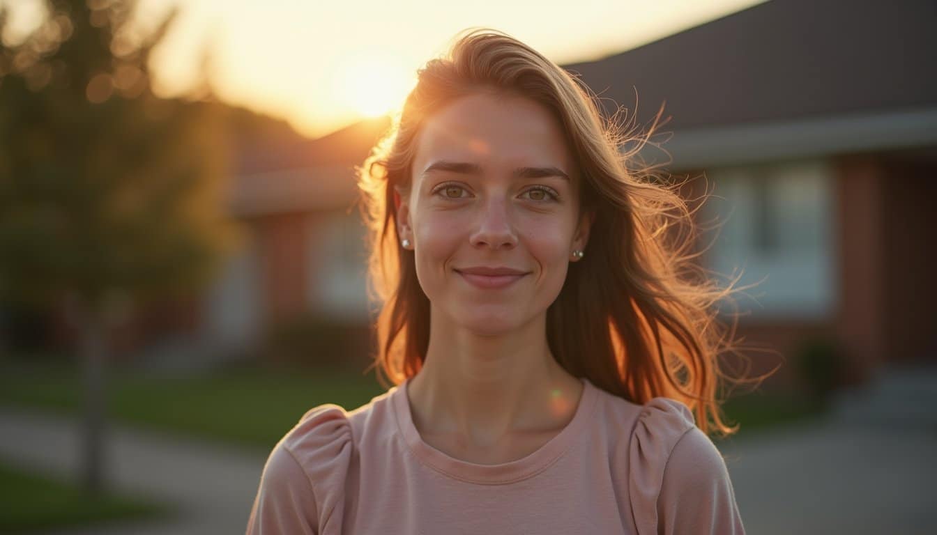 Peaceful outdoor portrait of a person with sunlight glowing behind them in a residential area